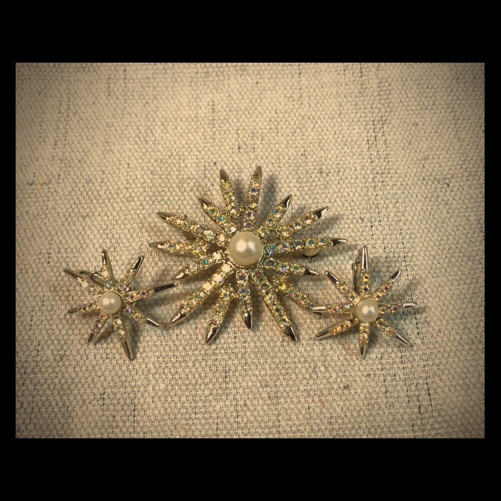 SIGNED Emmons Sunburst Brooch & Earrings Set